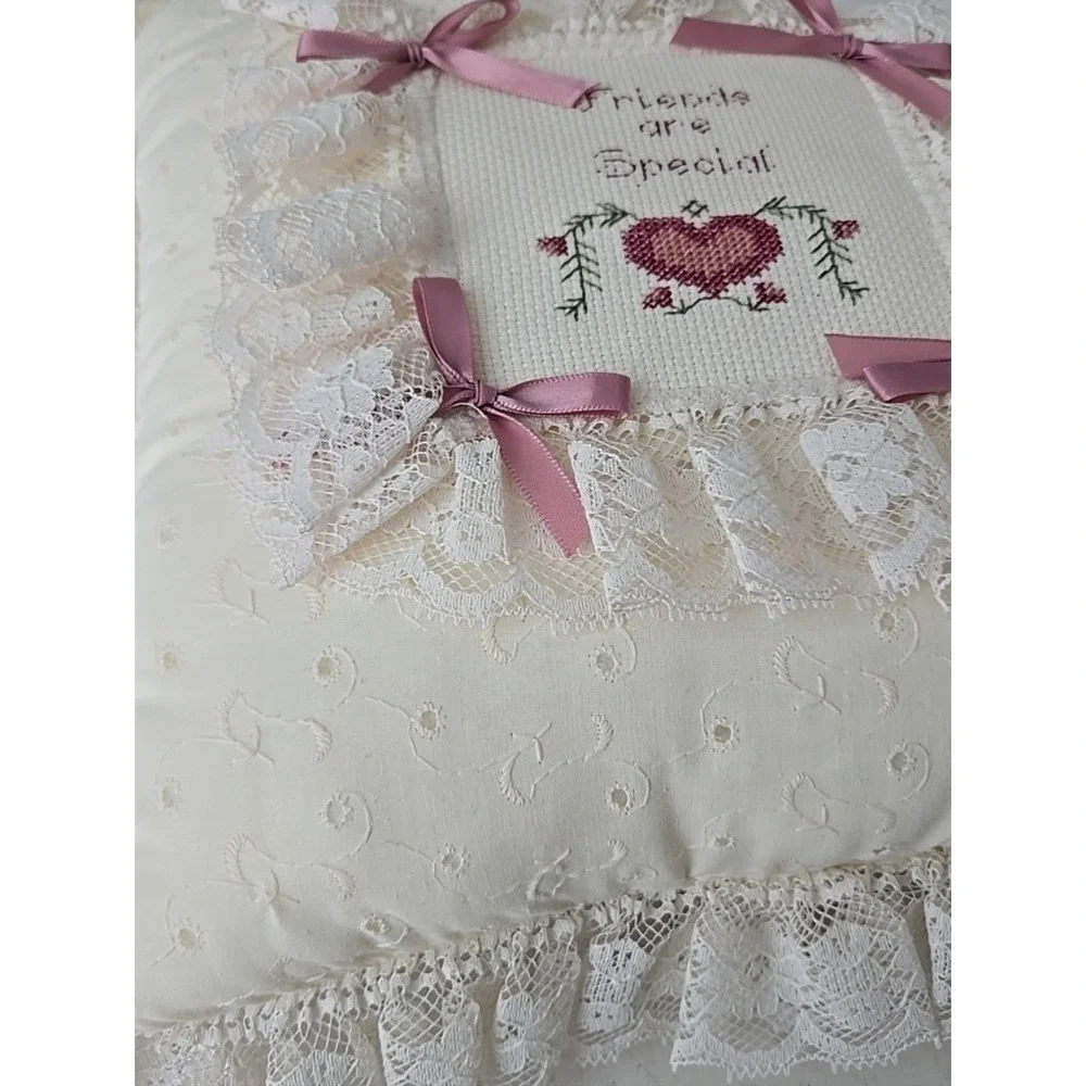 Vintage Eyelet Lace Throw Pillow Ivory Friends Handmade Pink Bows Embroidered